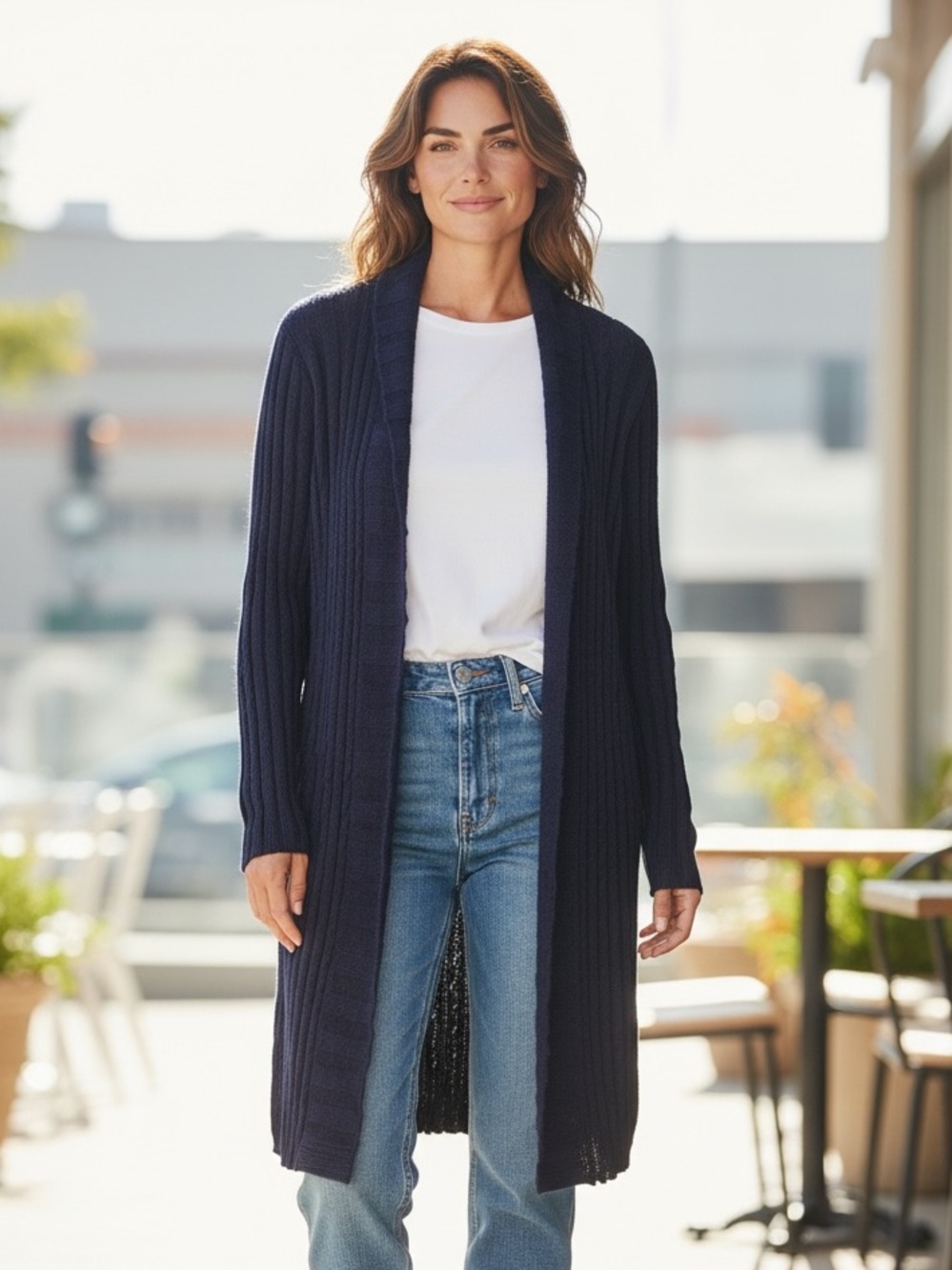 100% Baby Alpaca Knit Navy Blue Ribbed Long‎ Open Cardigan Size Medium EUC